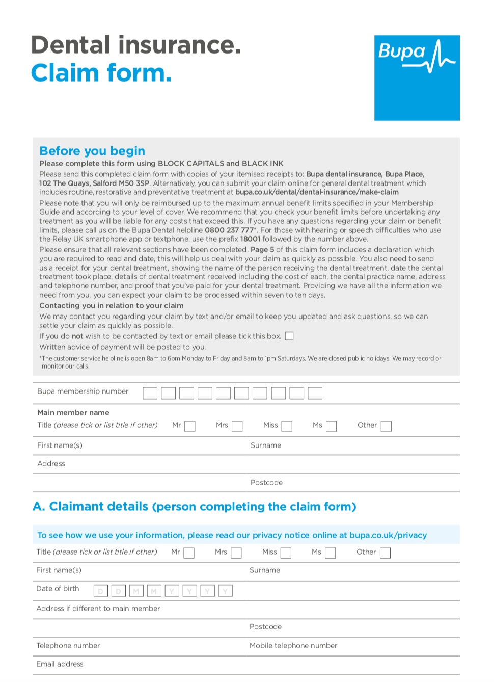 Bupa Cash Plan Dental Claim Form PlanForms