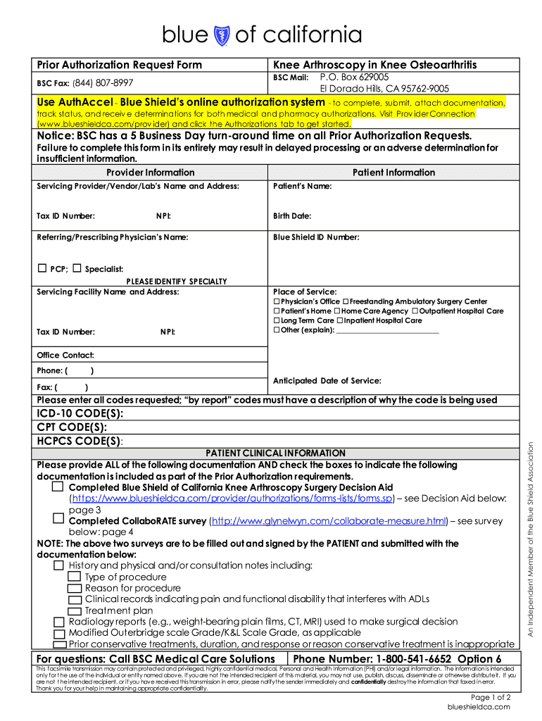 CA Blue Shield Prior Authorization Request Form Knee Arthroscopy In