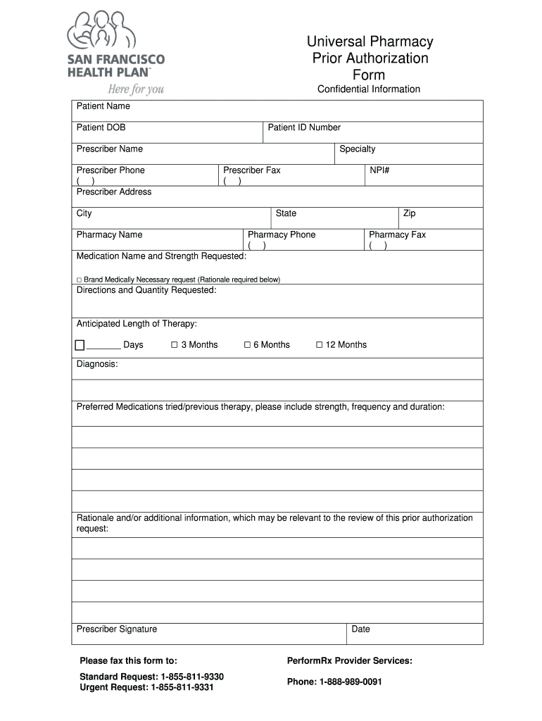 CA SFHP Universal Pharmacy Prior Authorization Form San Francisco 