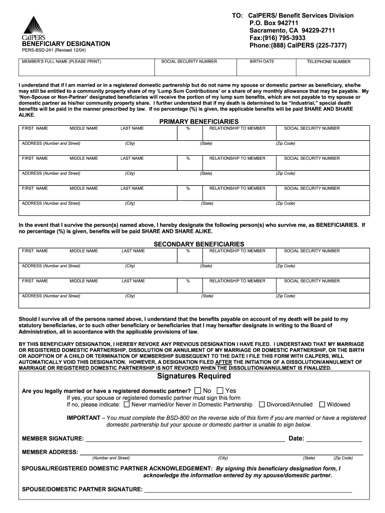 Calpers Beneficiary Designation Form Bsd 241 Revised 12 04 Fill Out 