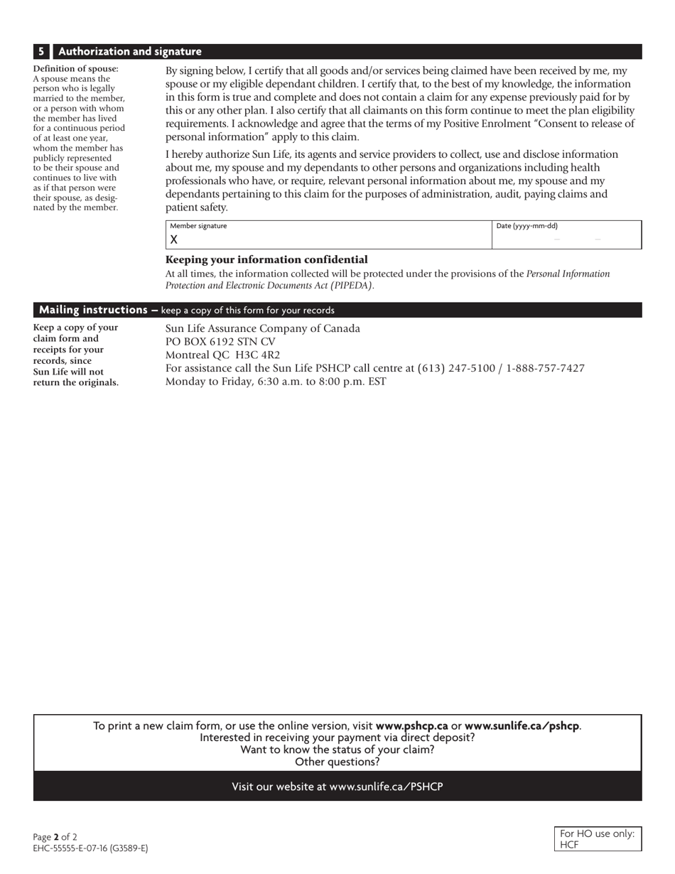 Canada Public Service Health Care Plan Pshcp Claim Form Sun Life 