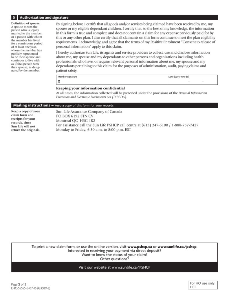 Canada Public Service Health Care Plan Pshcp Claim Form Sun Life 