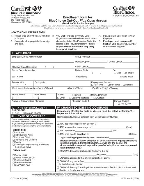 Carefirst BlueChoice Enrollment Form