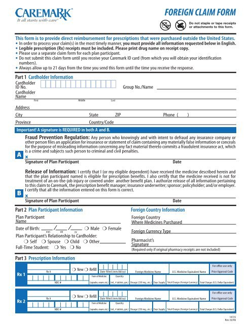 Caremark Foreign Claim Form Tufts Health Plan