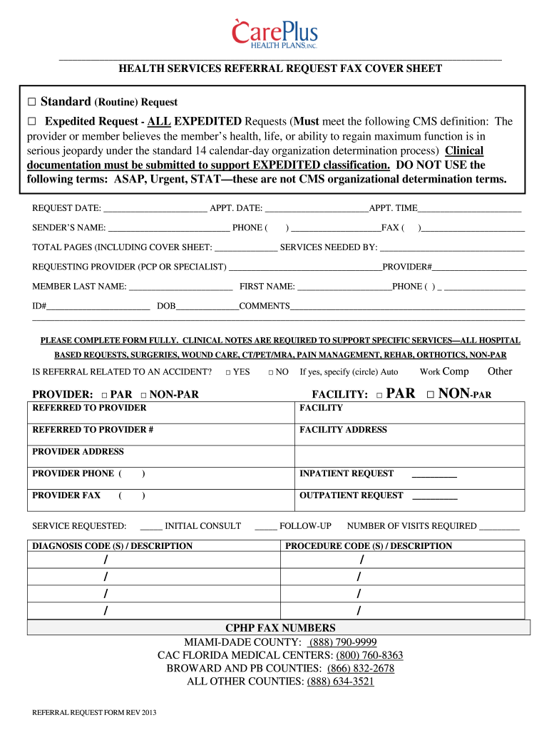 CarePlus Health Services Referral Request Fax Cover Sheet 2013 2022