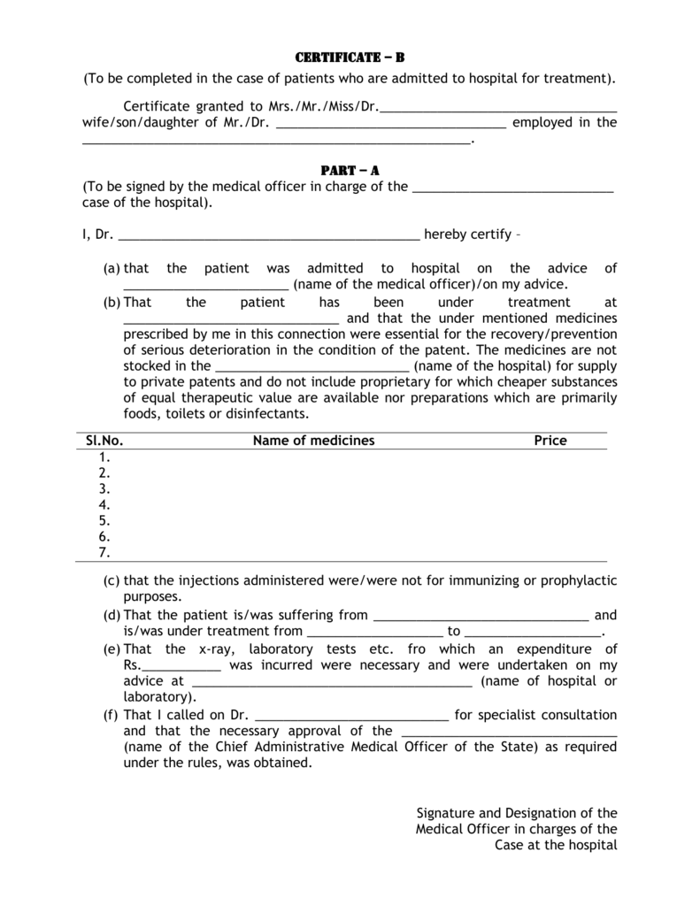 Certificate B For Medical Claim