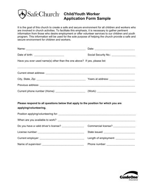 Child Youth Worker Application Form Sample Ministry Advantage