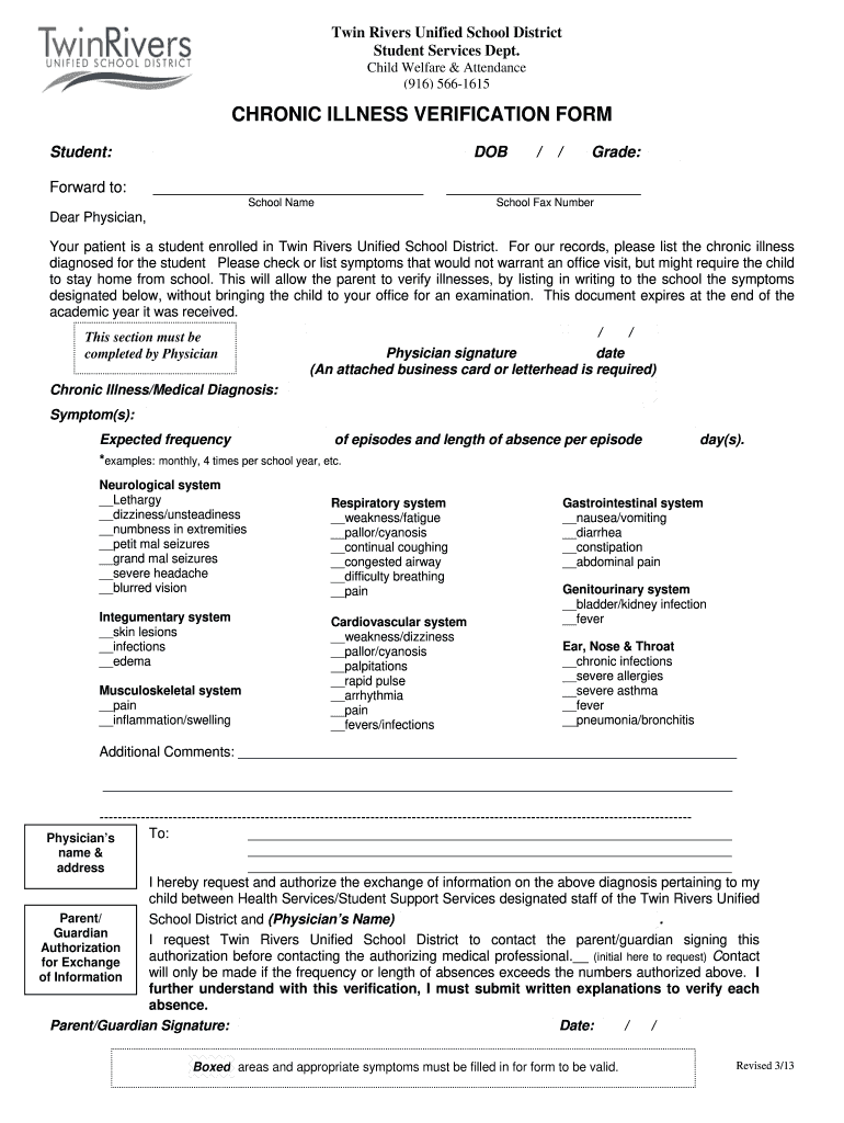 Chronic Illness Verification Form Fill Online Printable Fillable 