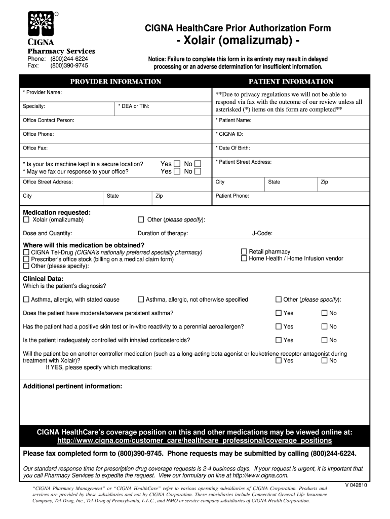 Cigna Xolair Prior Authorization Form Fill Out Sign Online DocHub