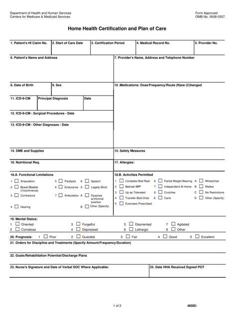 Cms 485 Fillable Form Printable Forms Free Online