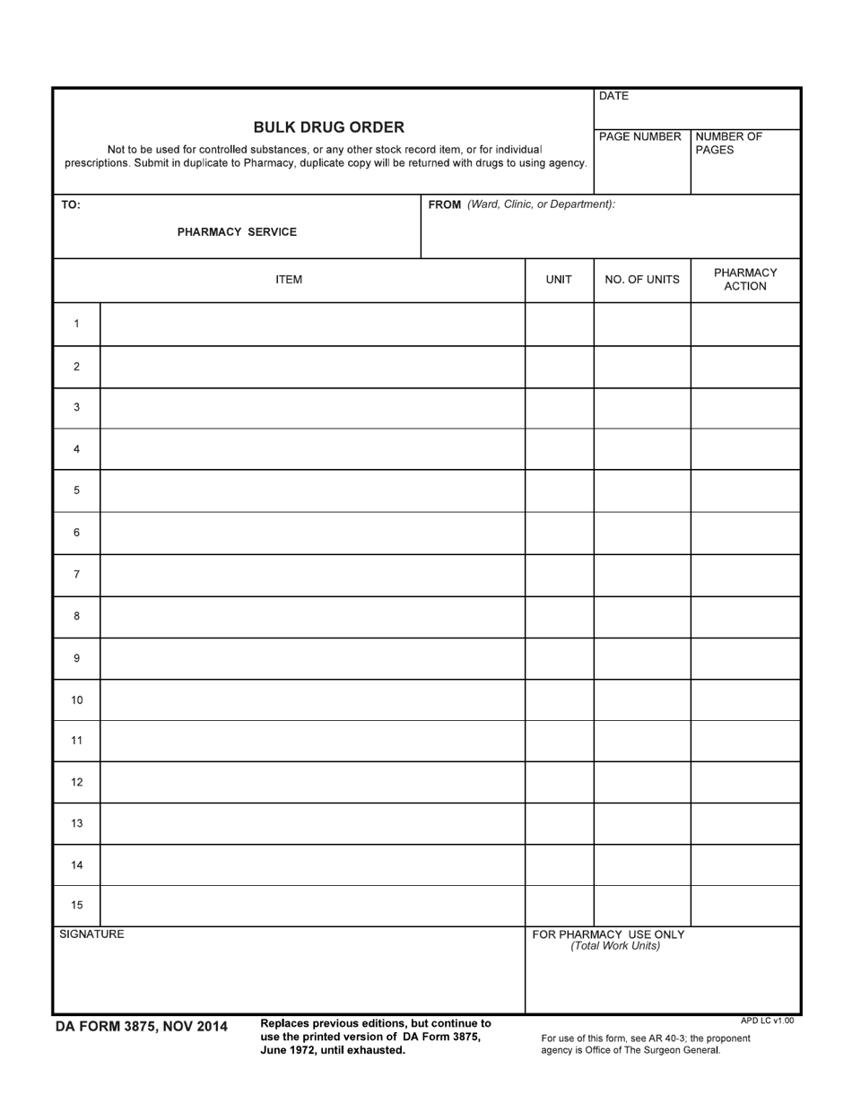 DA Form 3875 Download Fillable PDF Or Fill Online Bulk Drug Order 