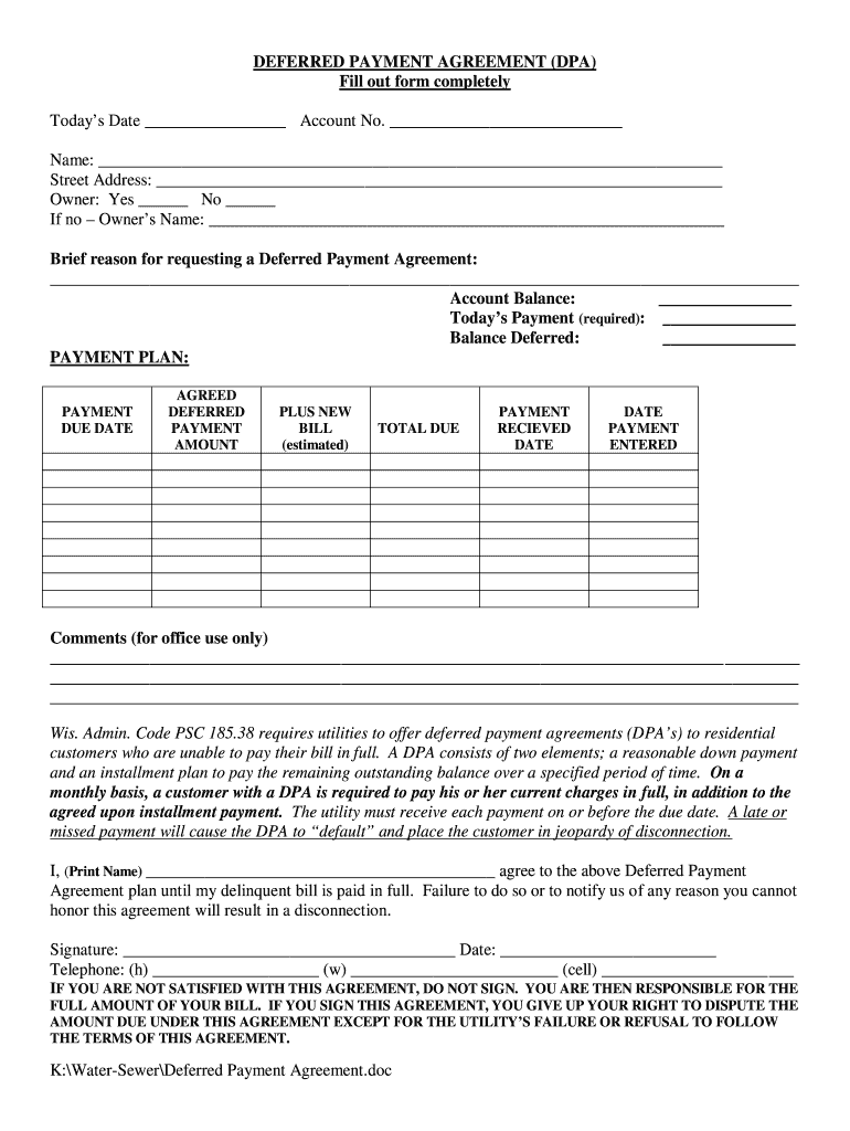 Deferred Payment Agreement Form Fill Out Sign Online DocHub