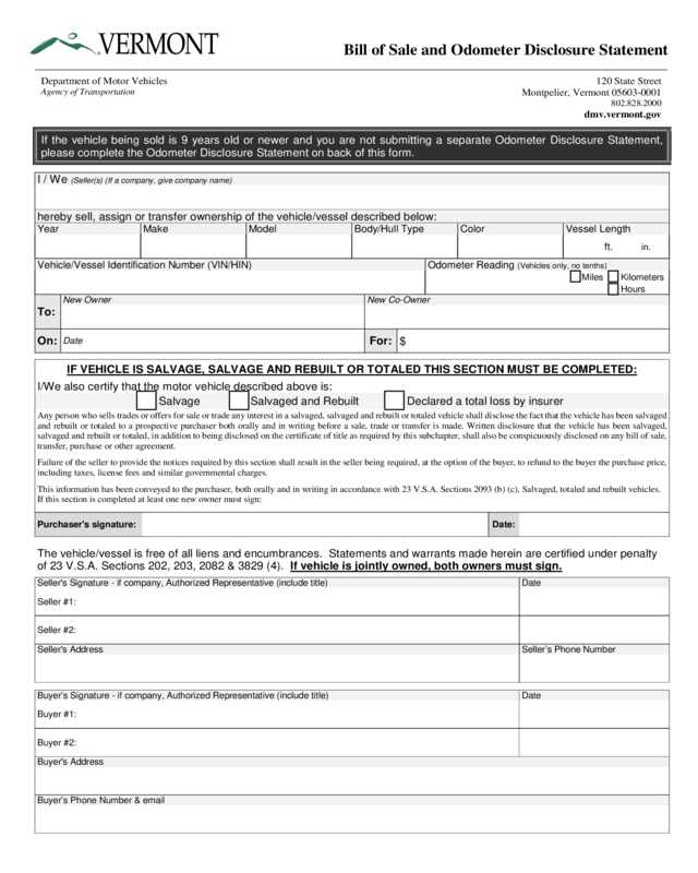 DMV Bill Of Sale Form Vermont Edit Fill Sign Online Handypdf