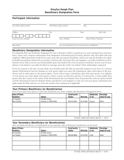 Dreyfus Keogh Plan Beneficiary Designation Form Personal