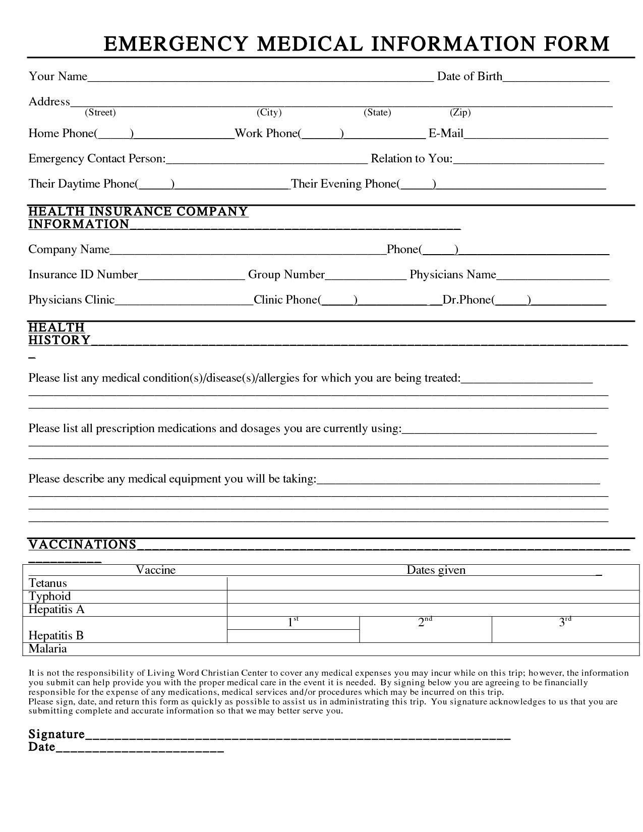 Emergency Medical Information Form Fillable Printable Forms Free Online