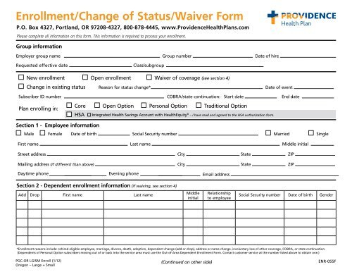 Enrollment Change Of Status Waiver Form Providence Health Plan