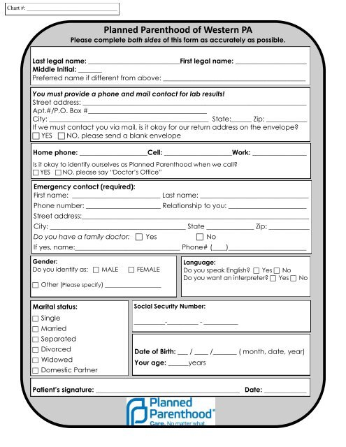 Family Planning Intake Form Planned Parenthood