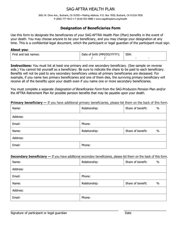 Fill Free Fillable SAG AFTRA Plans PDF Forms