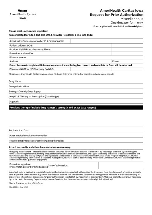 Fillable Amerihealth Caritas Iowa Request For Prior Authorization