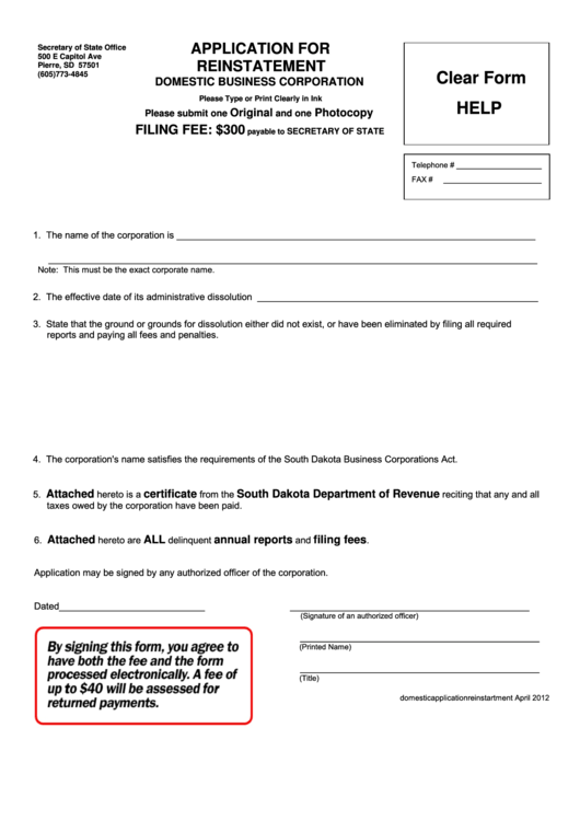 Fillable Application For Reinstatement Form 2012 Printable Pdf Download