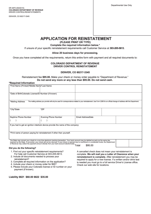 Fillable Application For Reinstatement Printable Pdf Download