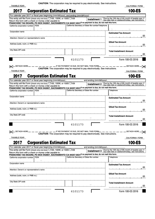 Fillable California Form 100 Es Corporate Esitimated Tax Franchise 