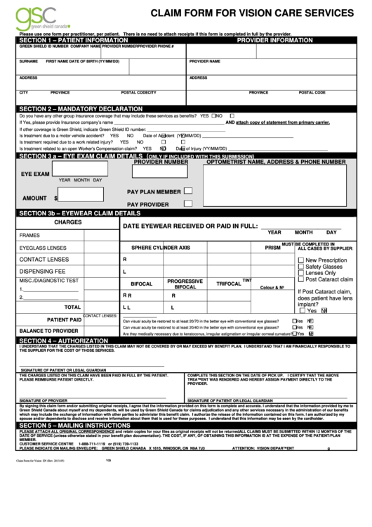 Fillable Claim Form For Vision Care Services Green Shield Canada 