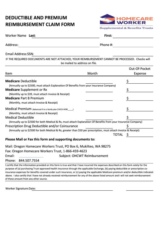 Fillable Deductible And Premium Reimbursement Claim Form Seiu Local 