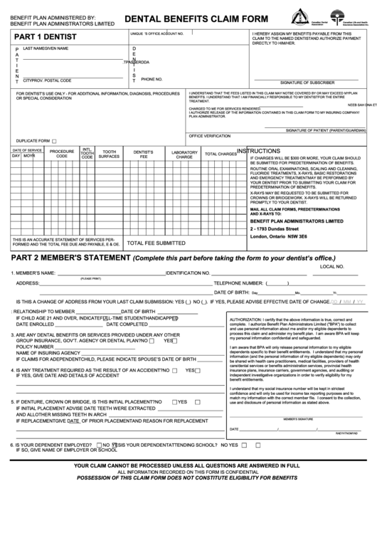 Fillable Dental Benefits Claim Form Printable Pdf Download