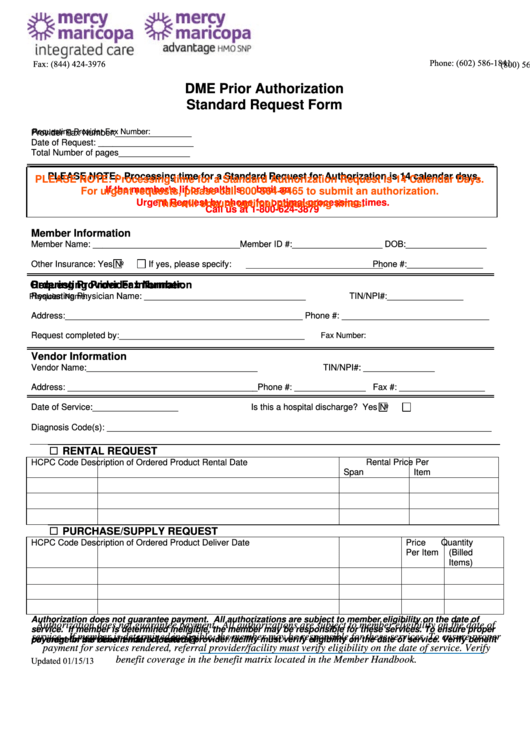 Fillable Dme Prior Authorization Standard Request Form Printable Pdf 3255