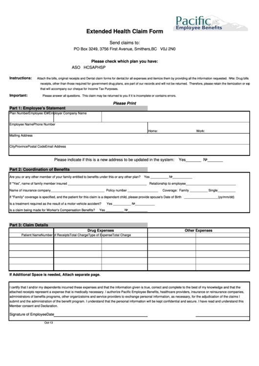 Fillable Extended Health Claim Form Pacific Employee Benefits Printable 