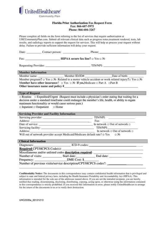 Fillable Florida Prior Authorization Fax Request Form United