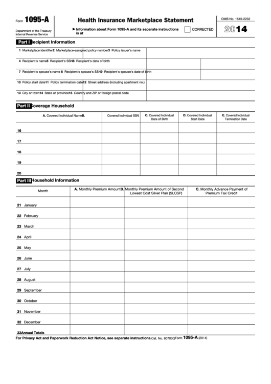 Fillable Form 1095 A Health Insurance Marketplace Statement 2014 