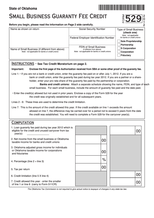 Fillable Form 529 Small Business Guaranty Fee Credit 2012 Printable 