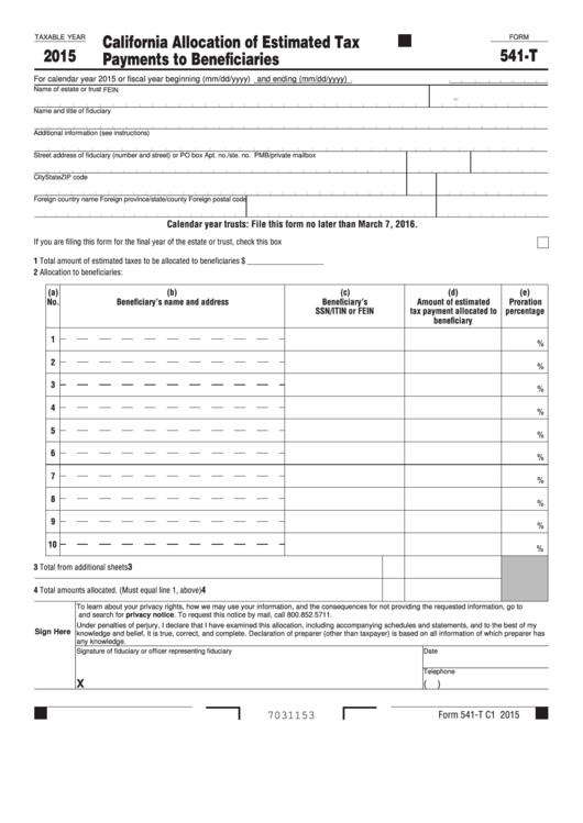 Fillable Form 541 T California Allocation Of Estimated Tax Payments