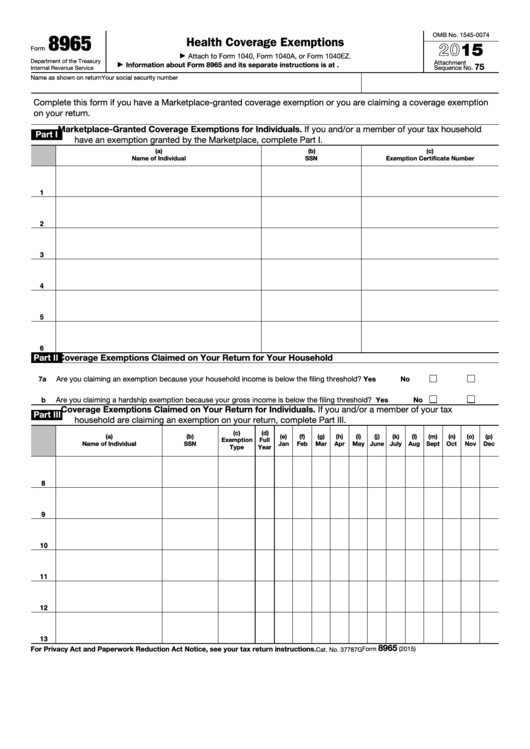 Fillable Form 8965 Health Coverage Exemptions Printable Pdf Download