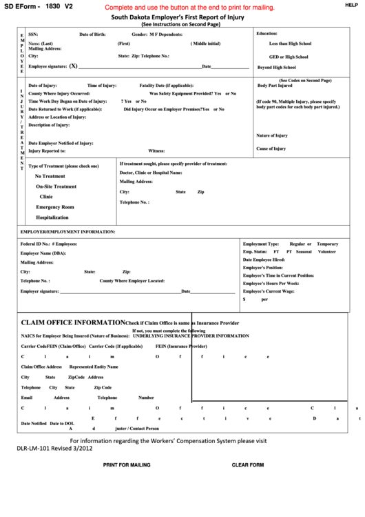 Fillable Form Dlr Lm 101 South Dakota Employer S First Report Of 