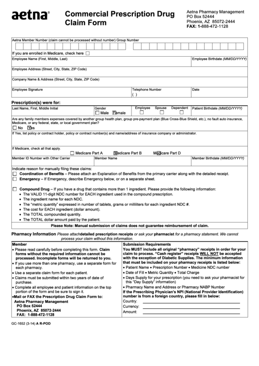 Fillable Form Gc 1652 Commercial Prescription Drug Claim Form 