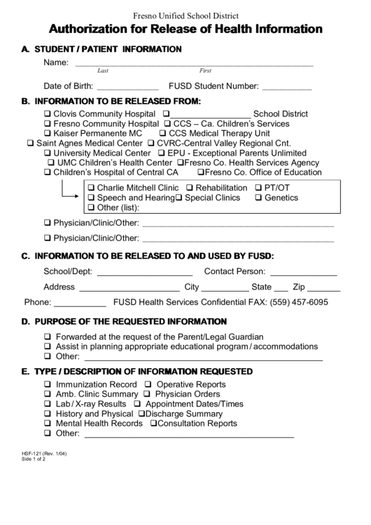 Fillable Form Hsf 121 Authorization For Release Of Health Information 