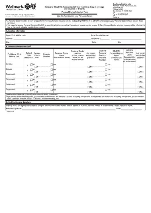 Fillable Form N 5423 Personal Doctor Selection Form Wellmark Iowa 