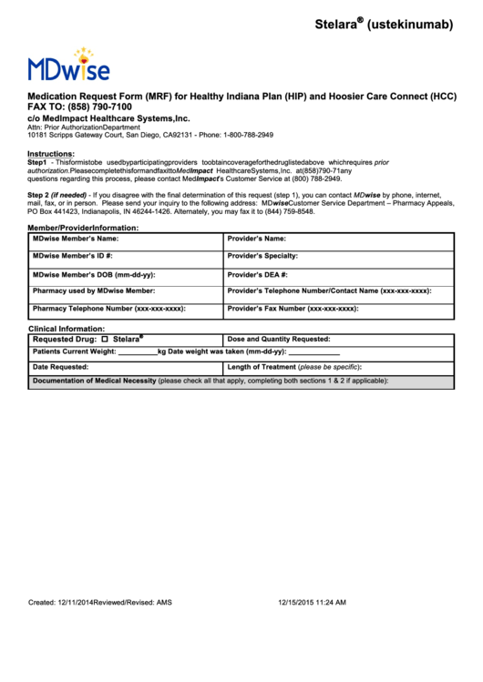 Fillable Mdwise Medication Request Form Mrf For Healthy Indiana Plan 