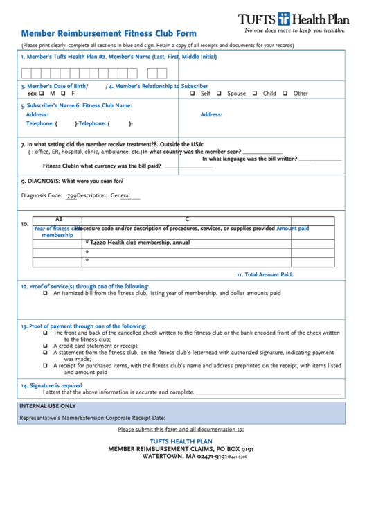 Fillable Member Reimbursement Fitness Club Form Printable Pdf Download 