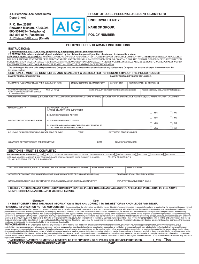 Fillable Online AIG Personal Accident Claim Form Fax Email Print 