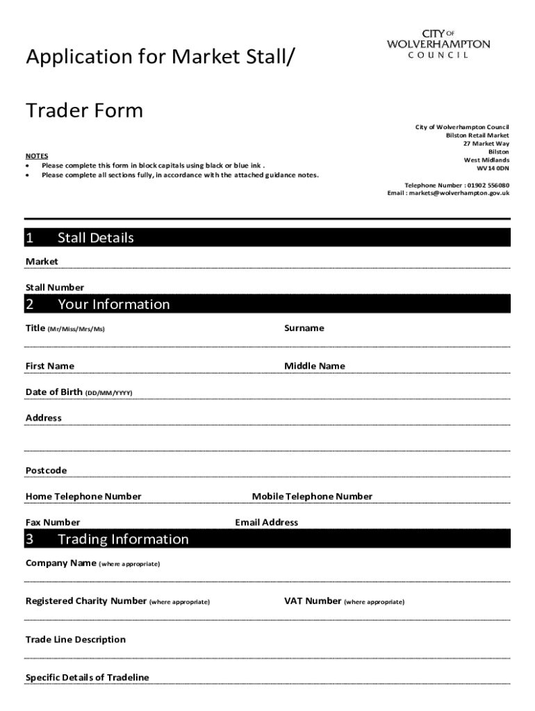 Fillable Online Application For Market Stall Trader Form