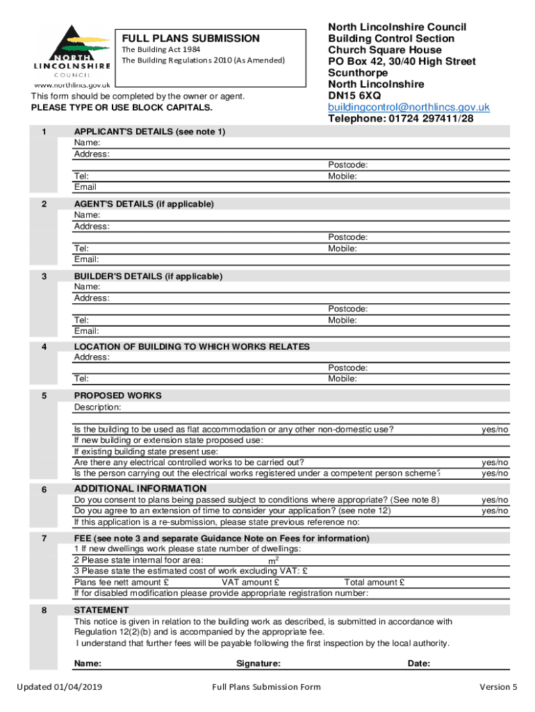 Fillable Online Building Regulations Full Plans Application Form Fax 