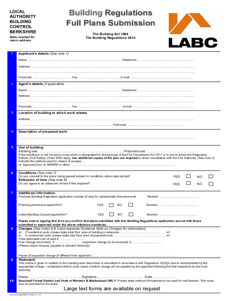 Fillable Online Building Regulations Full Plans Application Form Fax 