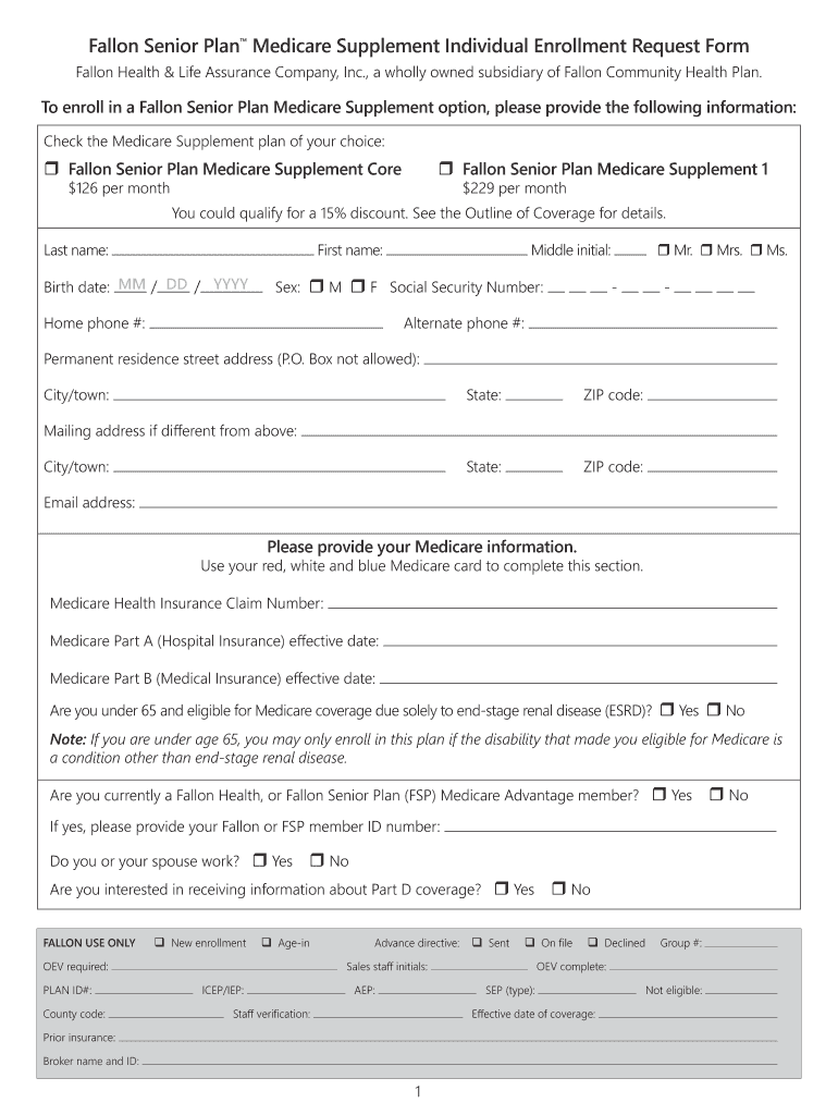 Fillable Online Enrollment Form Fallon Community Health Plan Fax 