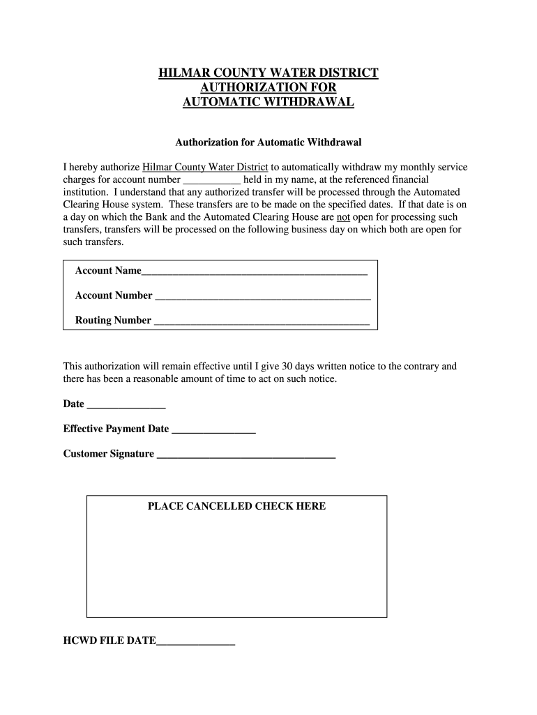 Fillable Online Hilmarcwd ACH Automatic Withdrawal Form pdf Hilmar 