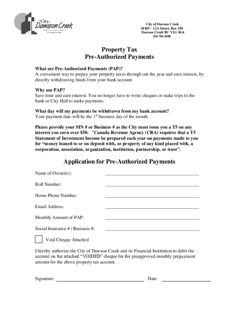 Fillable Online Pre Authorized Tax Payment Plan Application Fax Email 