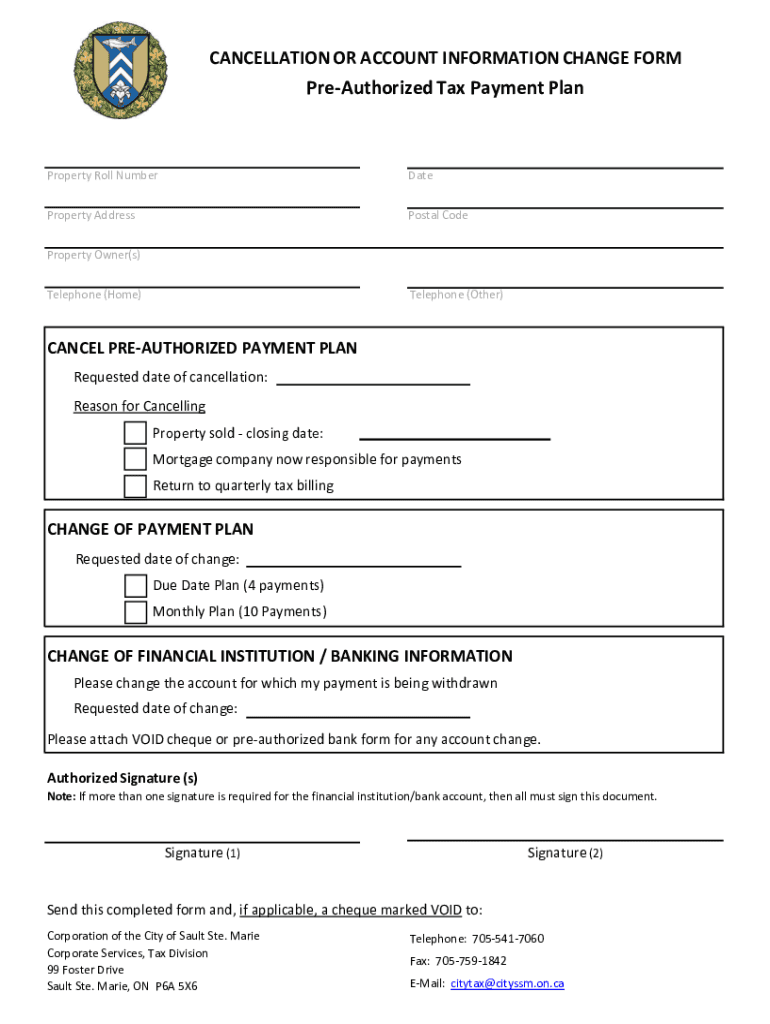 Fillable Online Pre Authorized Tax Payment Plan Cancellation Form Fax 